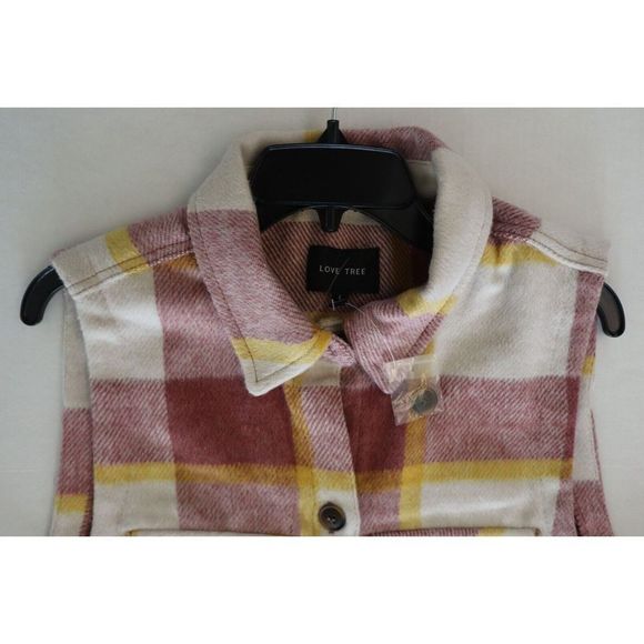 Love Tree Women's Sz L Pink/White Plaid Long Button Down Vest - Picture 4 of 7